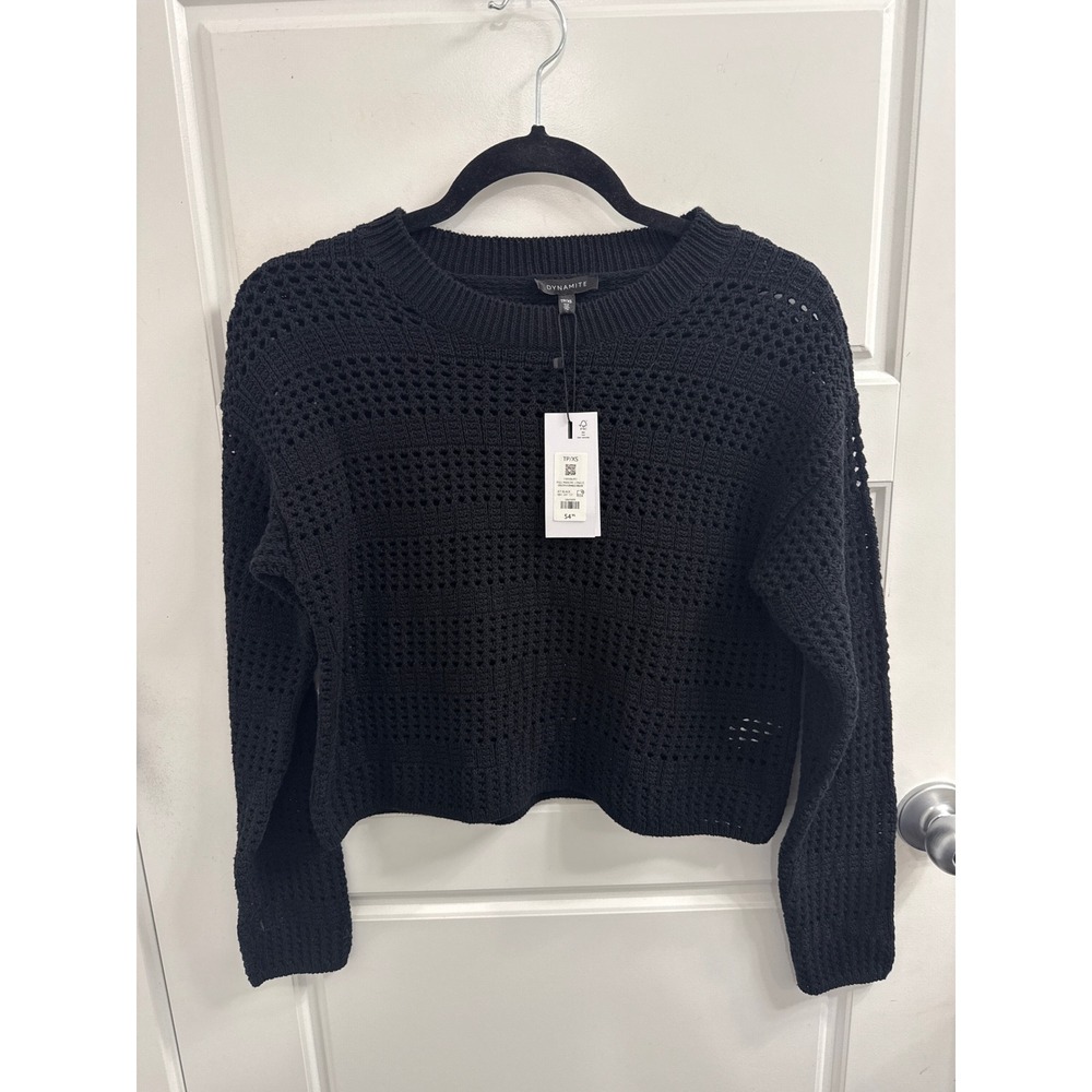 Dynamite Women Black Open Stitch Crewneck Crop Sweater Long Sleeve XS New